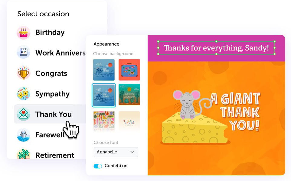 Occasion and customization options for a group card