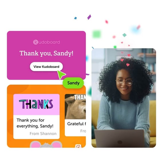 Women using employee recognition sotftware to open an online group card with confetti