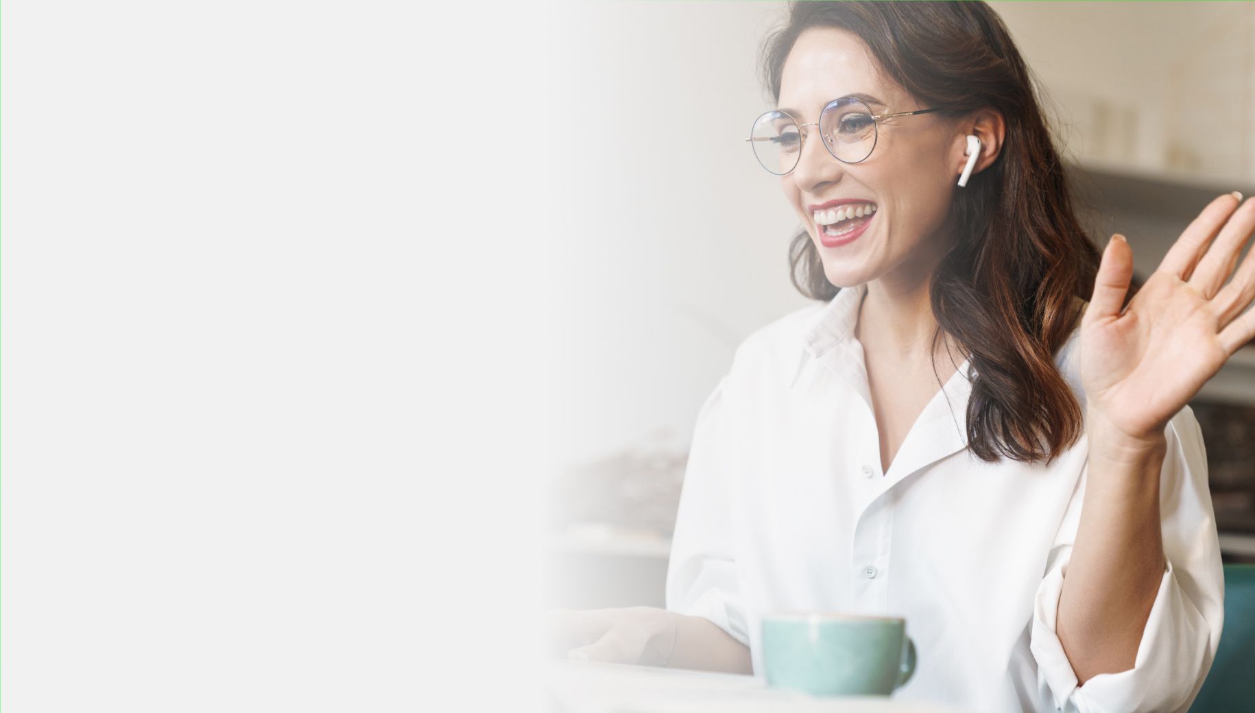 Banner image for Welcome to the Team cards, showing woman waving to people on computer