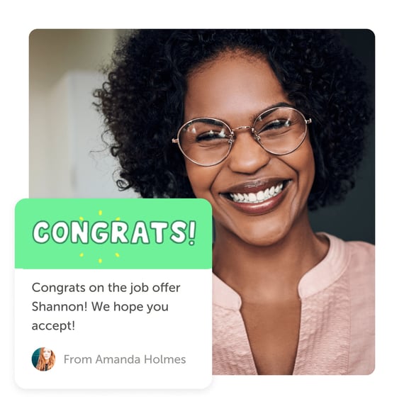 Woman smiling and a Kudoboard 'welcome to the team' card