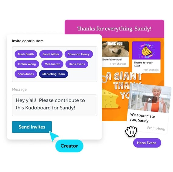 Screenshot of group card contribution options within Kudoboard's employee recognition platform