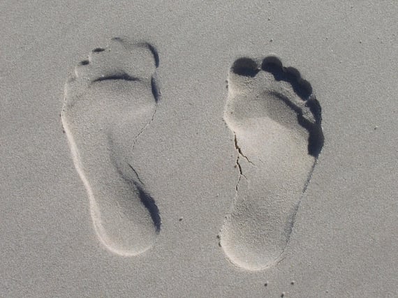 Footprints shown clearly in sand, demonstrating the carbon footprint of ecards