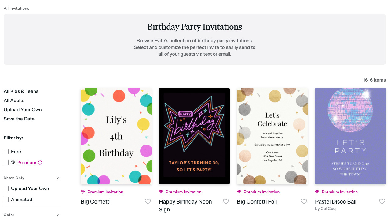 Evite invitation eCards options