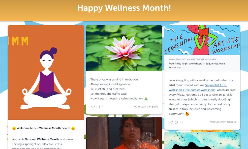 National Wellness Month board featuring a wellness haiku and a free workshop to attend