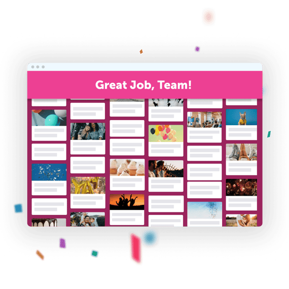 Window with "Great Job, Team" Kudoboard and posts