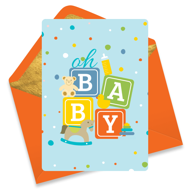 Cute new baby eCard featuring kids toys on a blue polka-dotted background. A rocking horse, teddy bear, baby bottle, rubber duck, and stacking rings surround blue, green, yellow, and red blocks that spell 