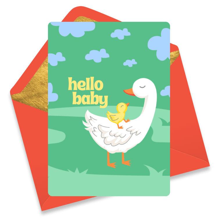 Adorable Duck Themed New Baby eCard. A white duck turning to look at its yellow duckling sitting on its back, with 