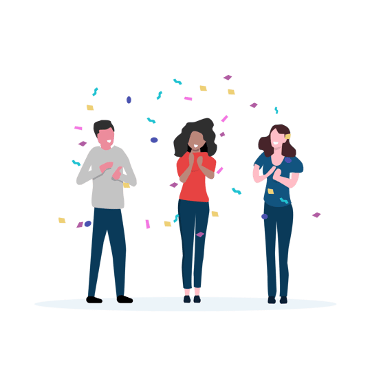 Illustrations of employees clapping with confetti