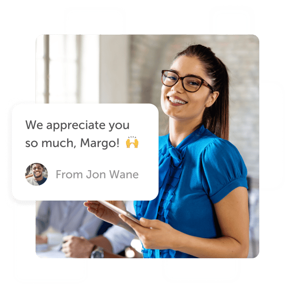 Woman smiling with tablet and a "we appreciate you" message