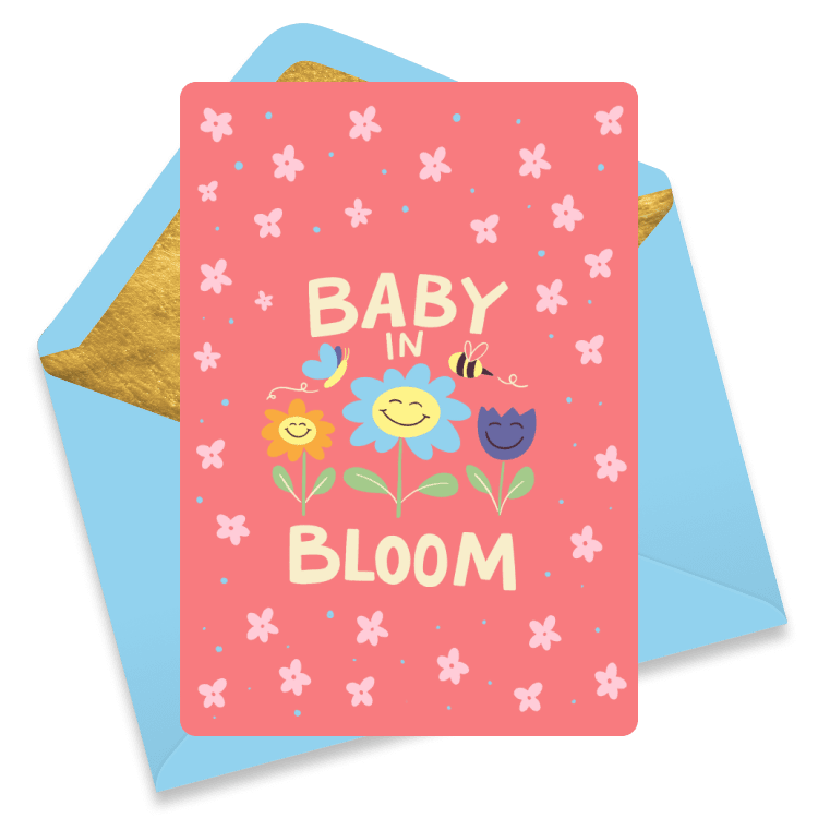 Baby in Bloom eCard with a red background and pink flowers dotting the cover. Three smiling flowers are in the center, with the words 