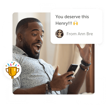Excited man looking at phone with "gratitude" post