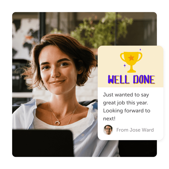 Woman smiling and a 'great job' appreciation post from an online card by Kudoboard