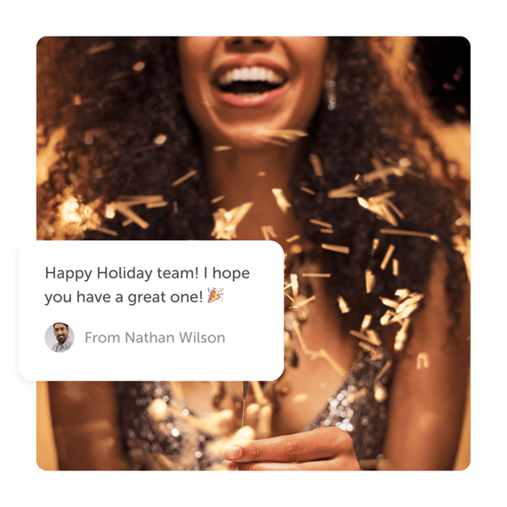 Woman smiling with golden confetti and a "happy holidays" post