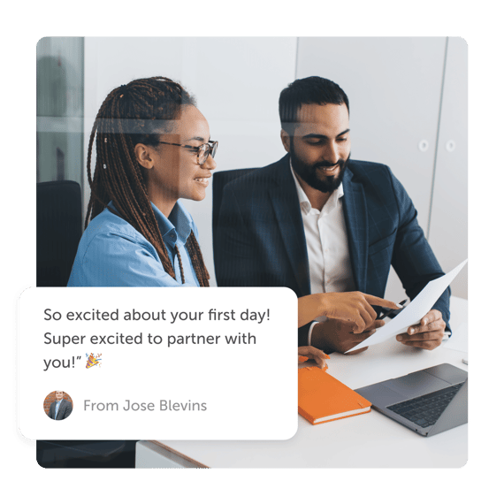 Employees reviewing document and an "excited to partner with you" first day post