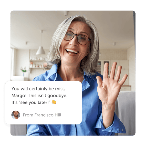 Person smiling and waving with "see you later" goodbye post