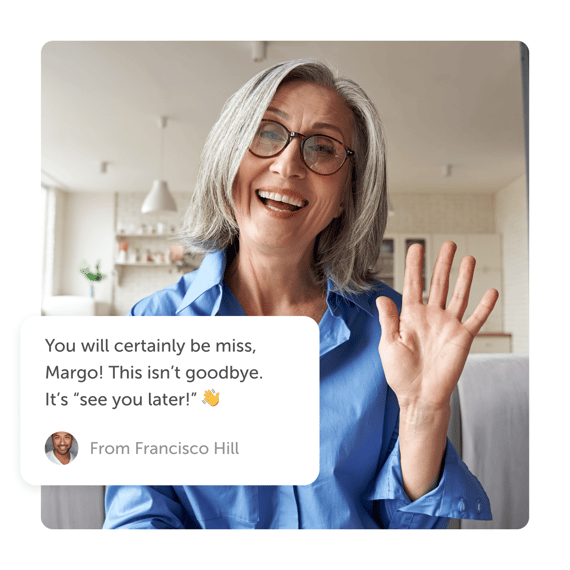 Woman smiling and waving and a 'we'll miss you' farewell card online