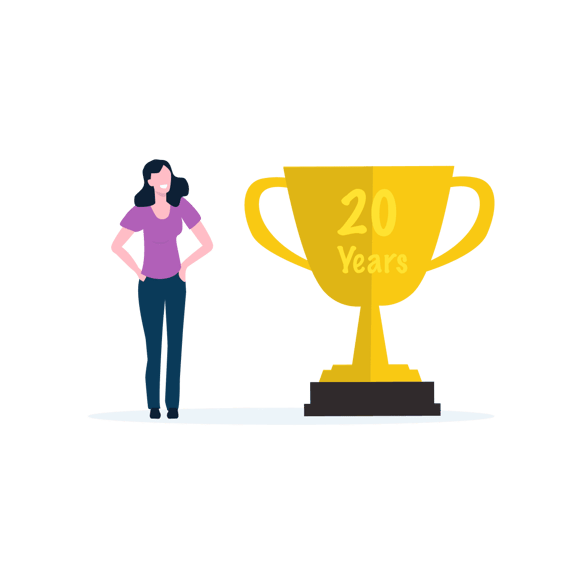 Illustration of person with a "20 years" trophy
