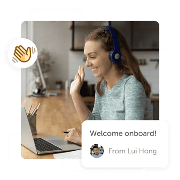 Person waving to laptop with Kudoboard post that reads 'welcome onboard'