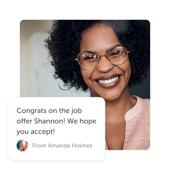 Person smiling and "congrats on job offer" post