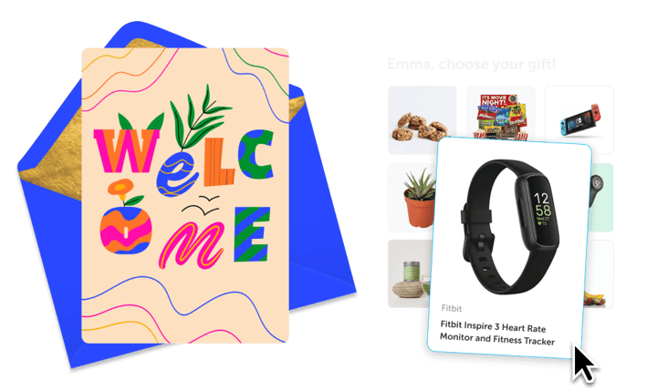 Example of Kudoboard Welcome to the Team card with gifting options