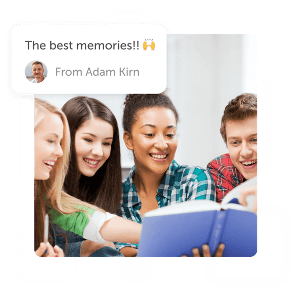 Smiling people looking at book with a "best memories" post