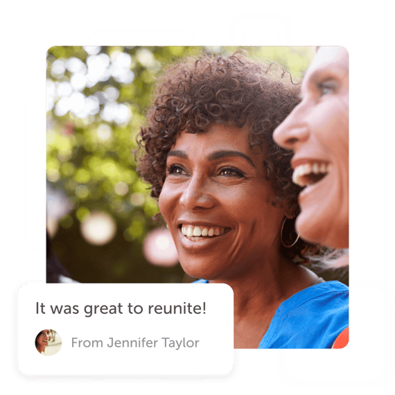 People smiling with "great to reunite" post