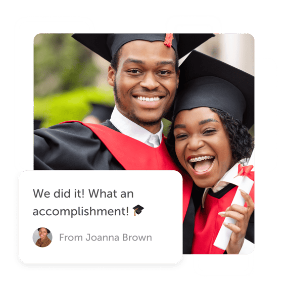 Graduates hugging with "we did it" post