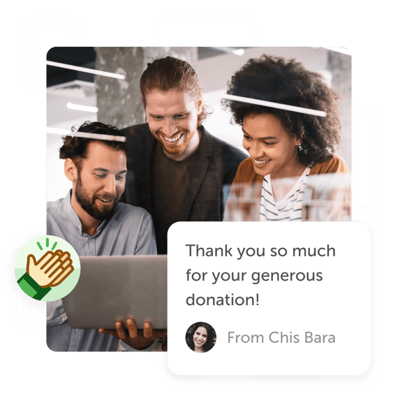 People looking at computer and smiling with a "thanks for your donation" post