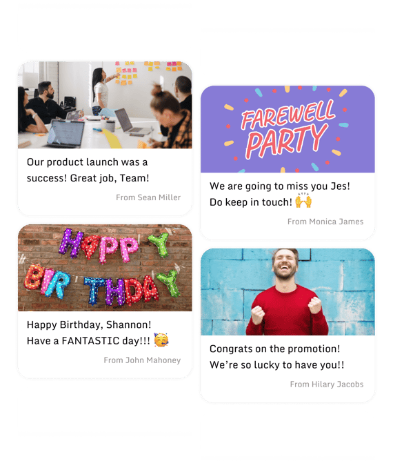 Examples of recognition and celebration posts from online cards by Kudoboard