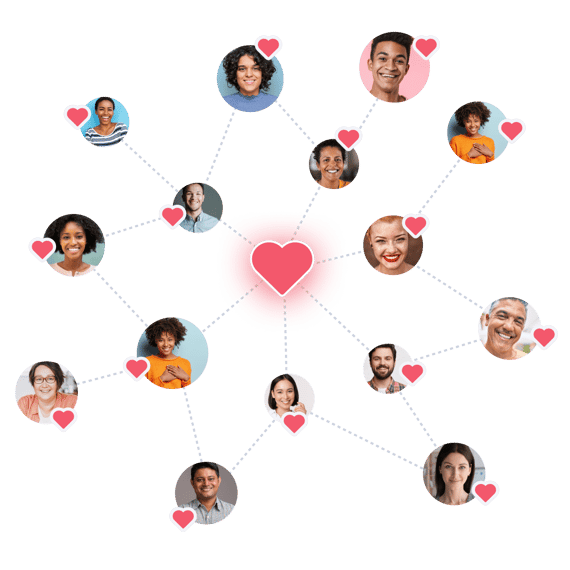 Profile pictures of users with hearts representing connection through online memorials