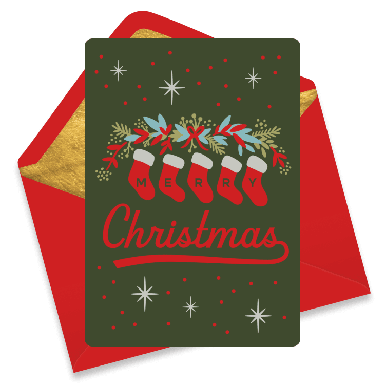 A dark green Christmas card with hanging red stockings spelling 'Merry Christmas'.