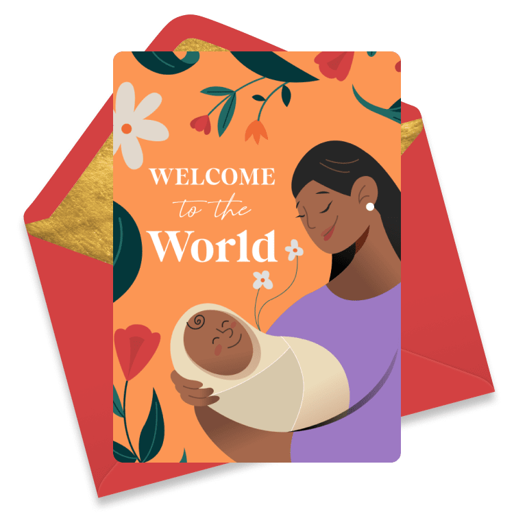 Welcome New Baby eCard. A mother smiles and holds her new baby in her arms as she looks lovingly down at them. She's on an arange floral background with 