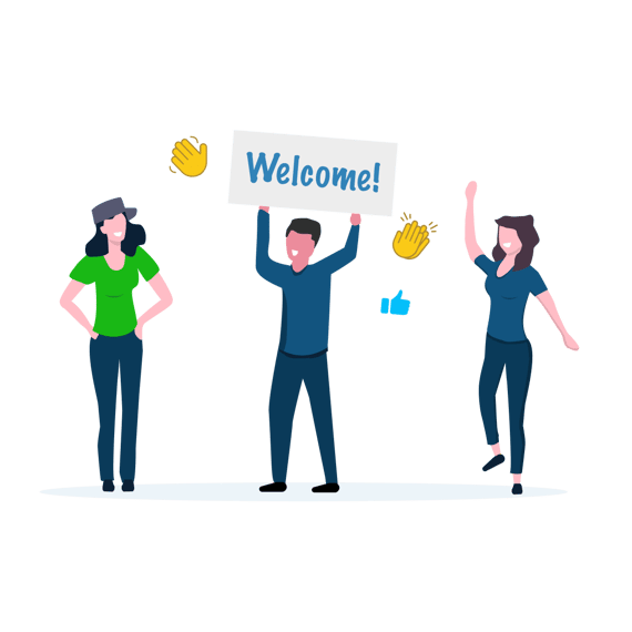 Illustrations of people waving and holding a welcome sign