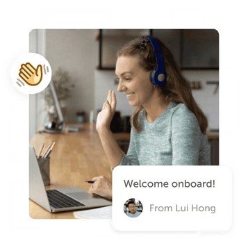 Woman waving to people on laptop with "welcome onboard" post