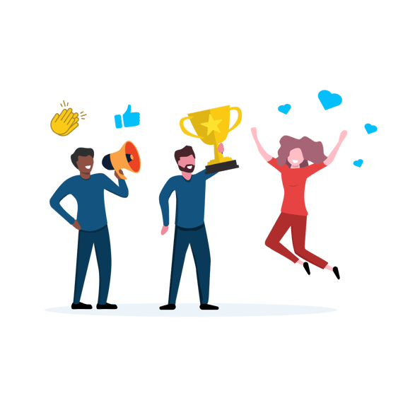 Illustrations of people celebrating with trophy and megaphone