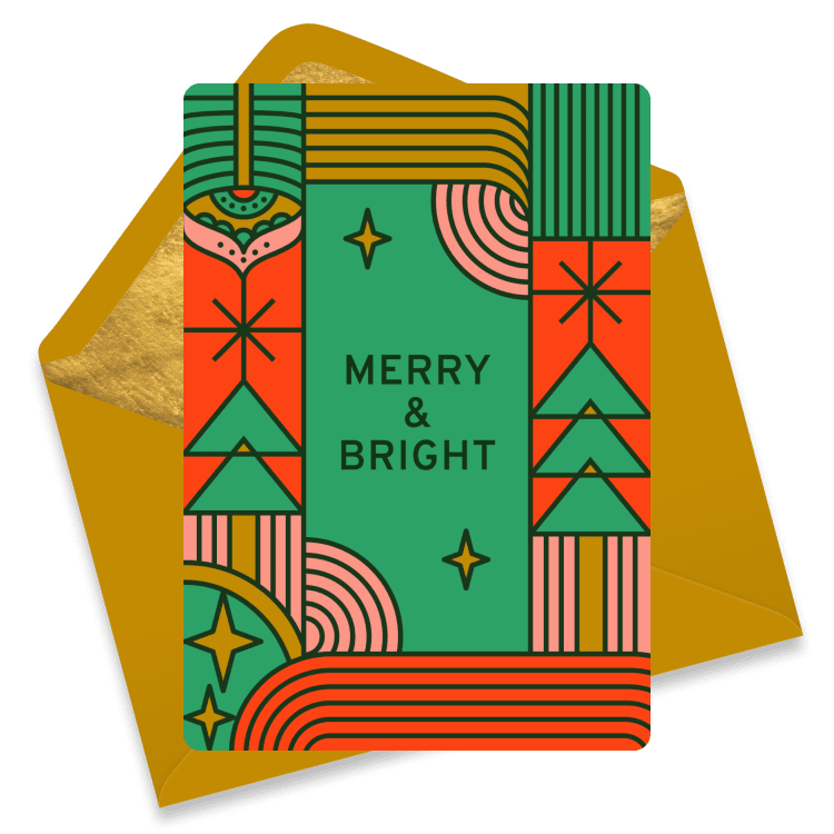 A modern Christmas card with geometric shapes in red, green, and yellow reading 'Merry & Bright'.