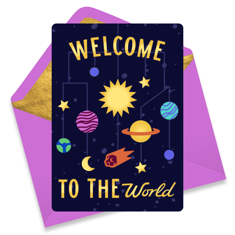 Space Themed New Baby eCard. Planets, stars, and comets hang from a mobile in outer space, with 'Welcome to the world