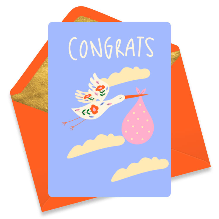 Stork special delivery baby eCard. A cartoon stork carries a punk polka dot bundle in its beak across a blue sky, with the word 