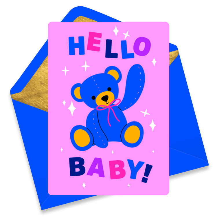 eCard with a blue teddy bear on a pink background waving hello, with colorful letters spelling 