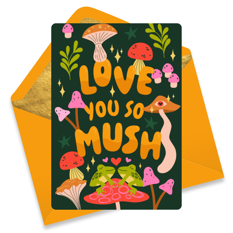 Playful love eCard with colorful mushrooms and frogs, featuring the phrase 'Love You So Mush'.