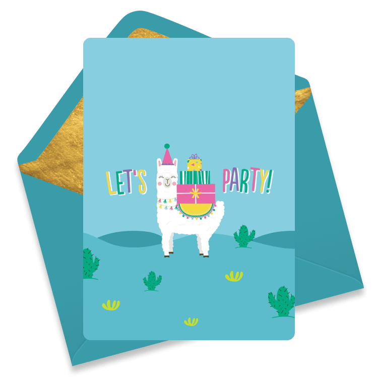 Cartoon llama with a stack of birthday presents on its back with 
