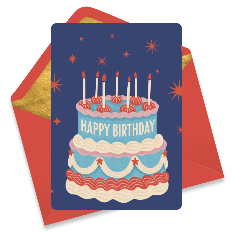 Vintage-style birthday cake eCard with candles and starbursts on navy background.