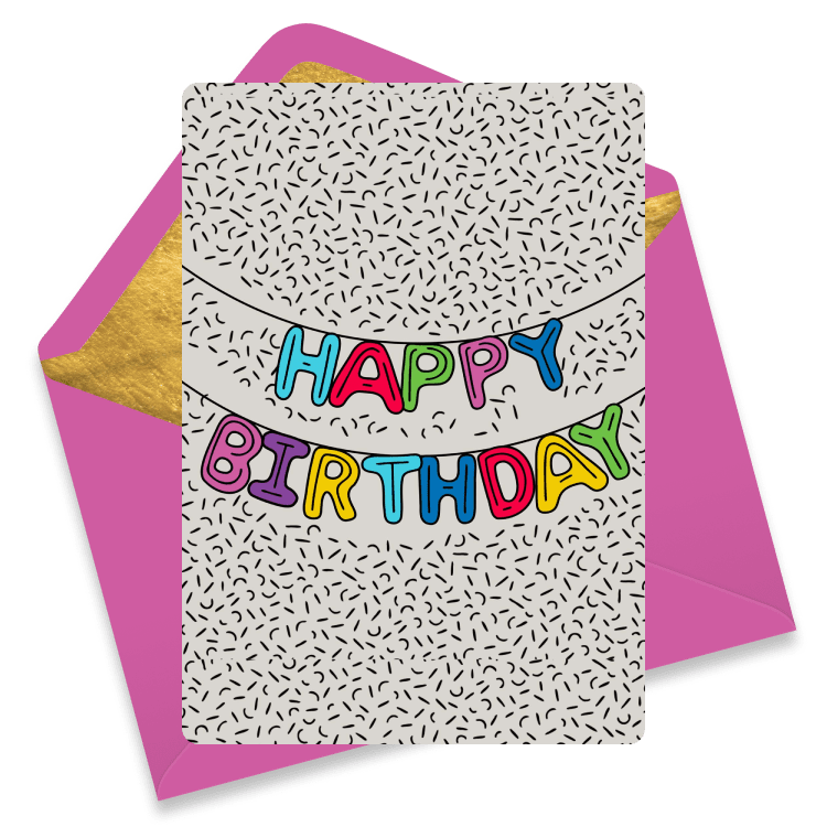 Playful birthday banner eCard with colorful block letters and confetti texture – a fun way to celebrate coworkers and friends
