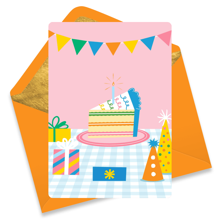 A slice of cake with a candle, colorful gifts, party hats, and bunting on a pastel-checkered table