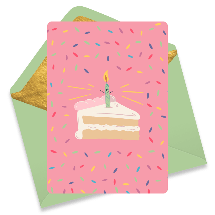 Slice of birthday cake with smiling candle on pink sprinkle background. A cute and cheerful birthday eCard for teams