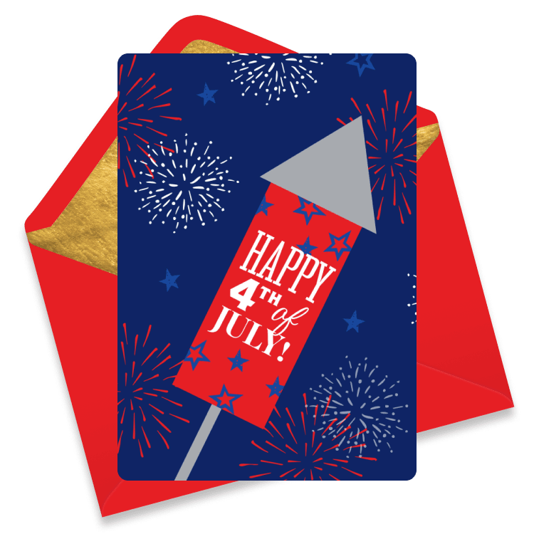 4th of July eCard with a red firework rocket, stars, and bursts of fireworks on a navy blue background.