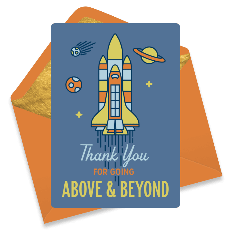 Rocket ship staff appreciation day eCard reading “Thank you for going above & beyond,” surrounded by planets, stars, and space elements.