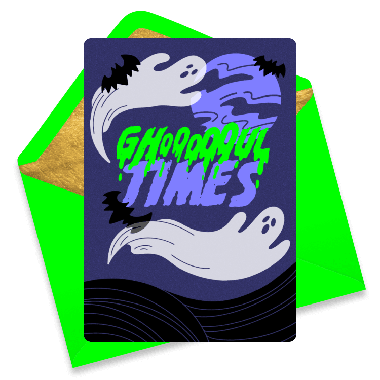 Halloween eCard with two white ghosts, a spooky purple moon, and the text 'Ghooooul Times'.
