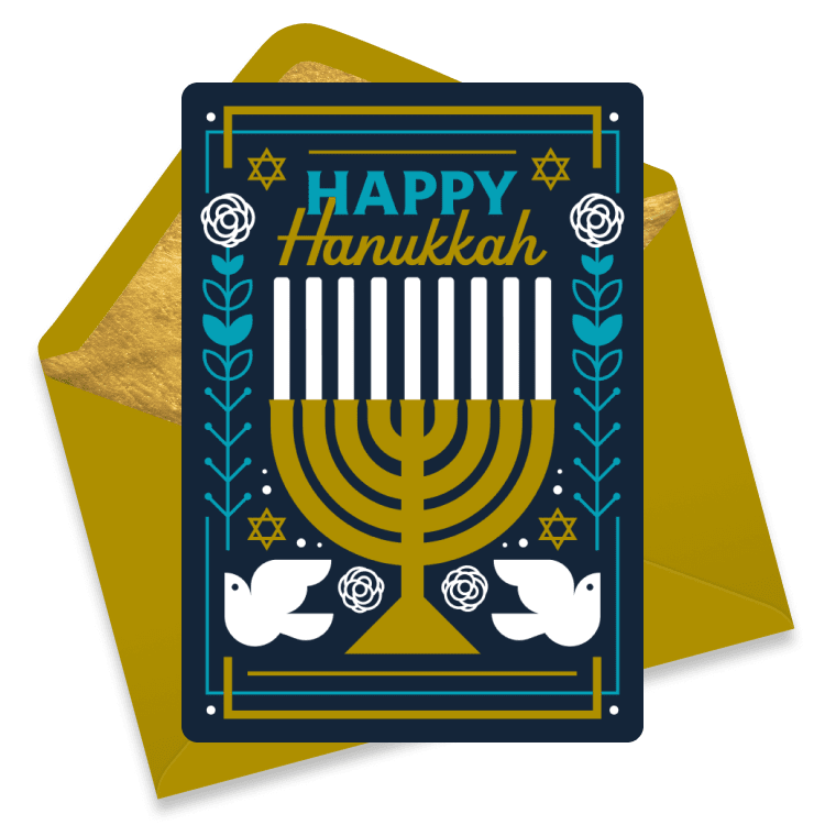 Hanukkah eCard featuring a golden menorah with white candles, doves, flowers, and Star of David designs.