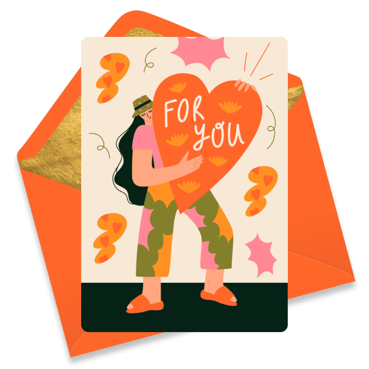 Valentine's Day eCard featuring a person holding a giant orange heart with the words 'For You', surrounded by orange and pink leaves.